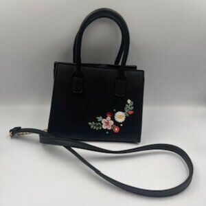 Embroidered Black Mini‎ Crossbody Purse Flowers Handles Faux Leather Bag
